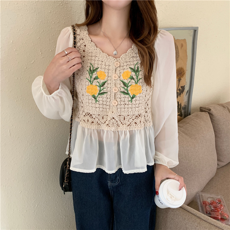 Picture of Spring and Autumn 2025 New Gentle Super Fairy Retro Embroidery Design Niche Top Chiffon Square Neck Long Sleeve Shirt for Women