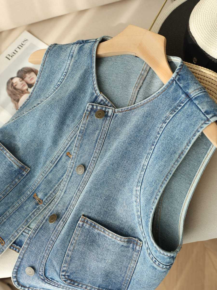 Trendy Versatile Layered Denim Vest for Women Spring Summer Loose Short Petite Sleeveless Jacket Casual Top