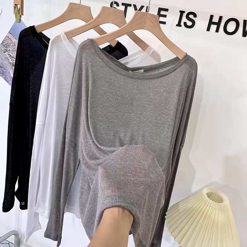 Solid color blouse thin off-neck large round neck transparent knitted sun protection shirt T-shirt women's summer slimming fashion air conditioning shirt