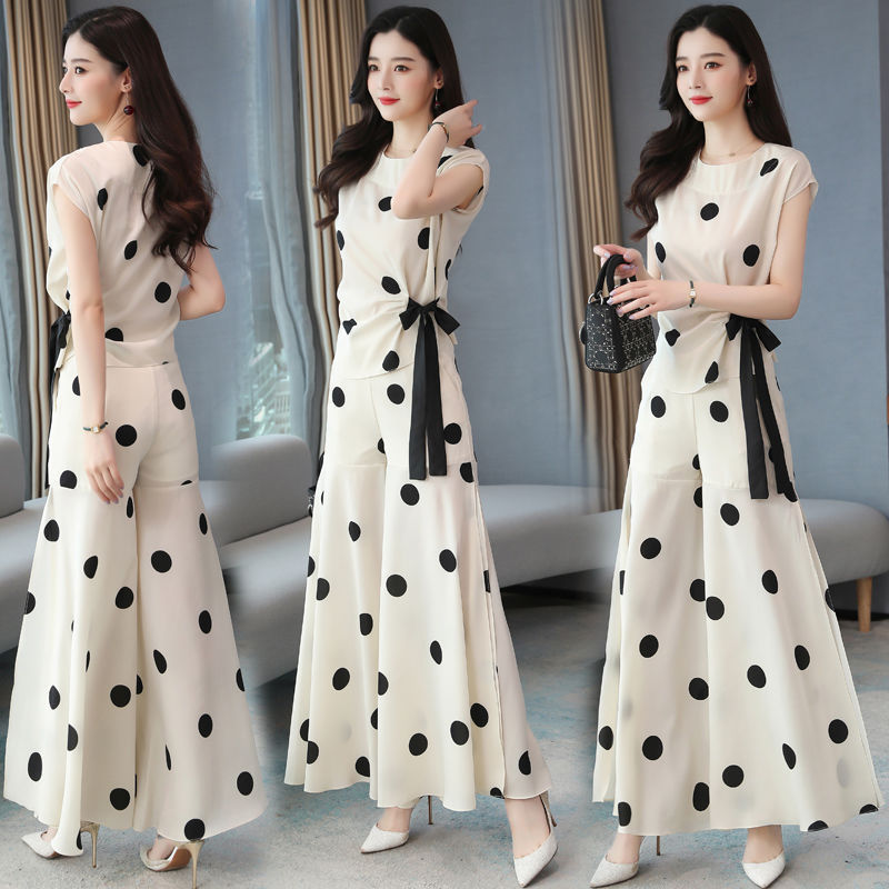 Picture of Chiffon Wide-Leg Pants Fashion Suit for Women 2024 Summer New Style Cool Royal Sister Style Age-Reducing Polka Dot Two-Piece Set