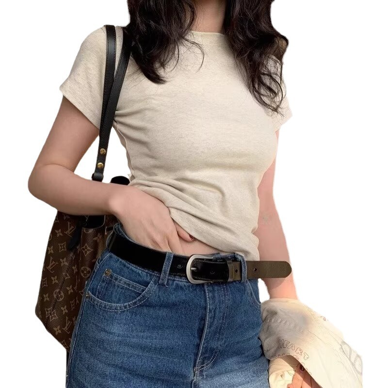 Picture of Solid Color T-Shirt Women's Tight Shoulder Short-Sleeved 2024 Summer Round Neck Pure Cotton Slim-Fit Even Stacked Short Top