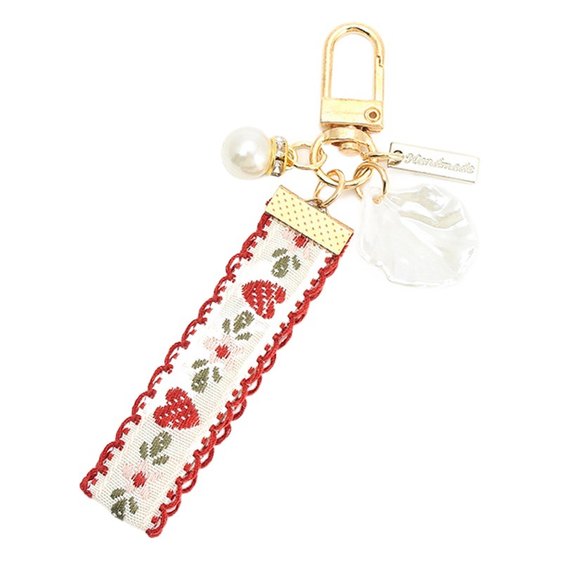 Cute girl heart strawberry lace ribbon car Pearl keychain pendant bag ornaments accessories small gift