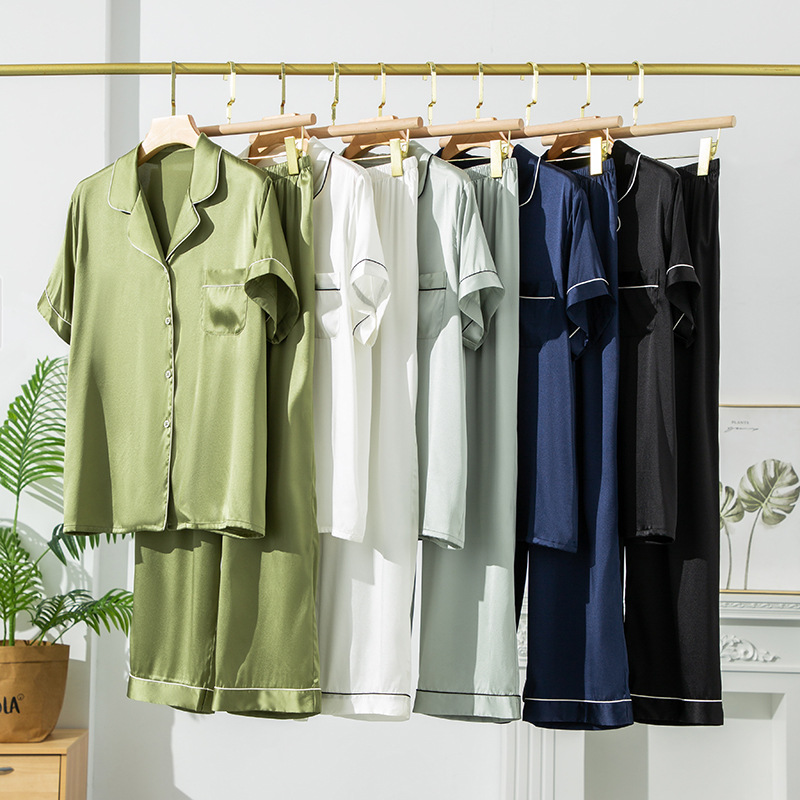 Stretch Plain Crepe Satin Silk Mulberry Silk Pajamas Women's Suit Summer Basic Home Clothes Short-Sleeved Pants Large Size Accessible Luxury