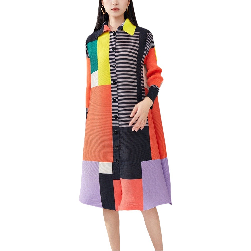 Loose plus size pleated skirt women's autumn mid-length slimming European and American Foreign Trade women's single-breasted dress