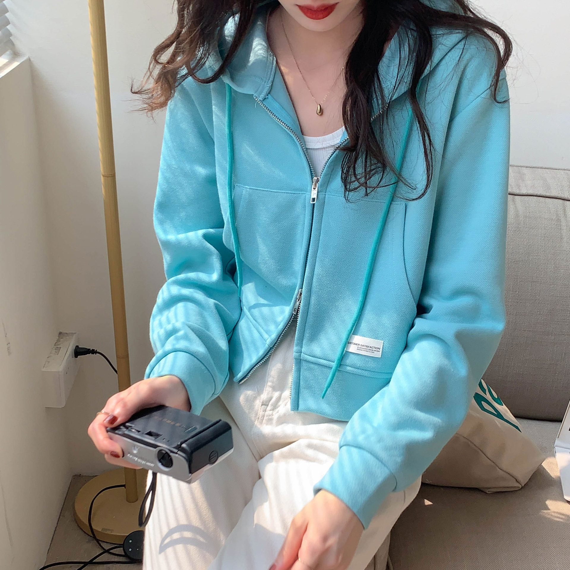 Picture of Thin Cotton Sweatshirt Women's Short Design Spring and Summer Short Pink Top Casual Hooded Cardigan Zipper Jacket