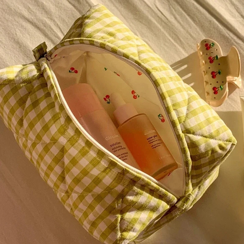 Picture of Sweet Cherry Printed Cosmetic Bag Plaid Fabric Macaron Color Makeup Bag Girl's Toiletries Storage Bag