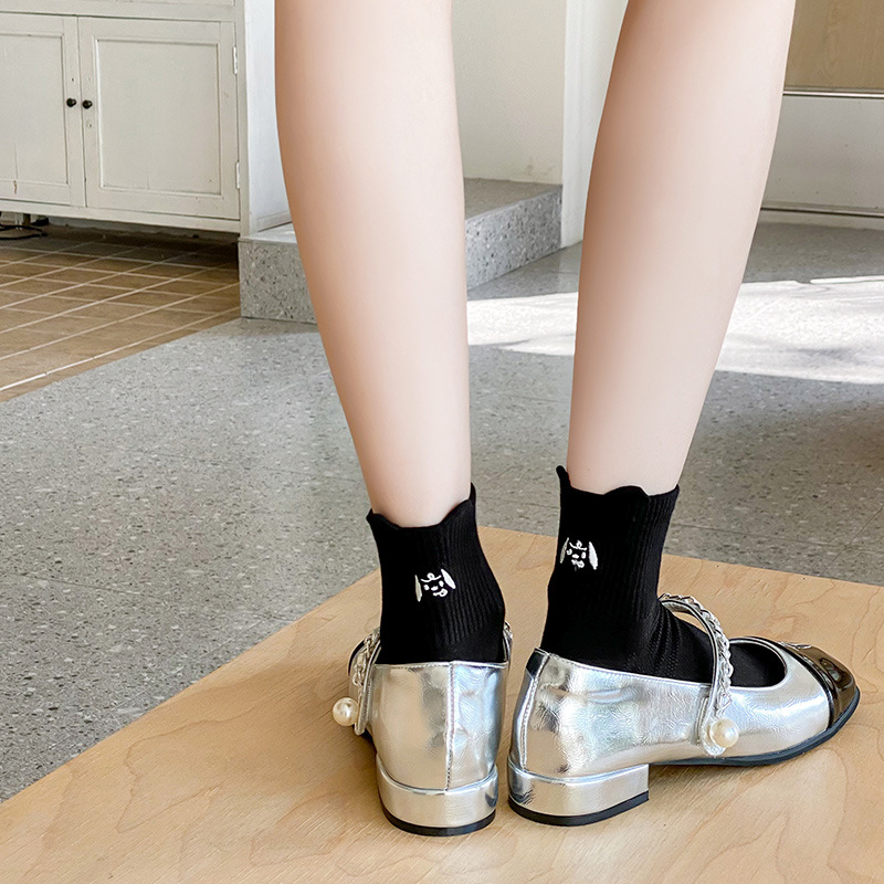 Black Cotton Socks Women's Spring and Summer Thin White Middle Tube Small Ear Embroidered Spring and Autumn College Style Cotton Socks Short Socks