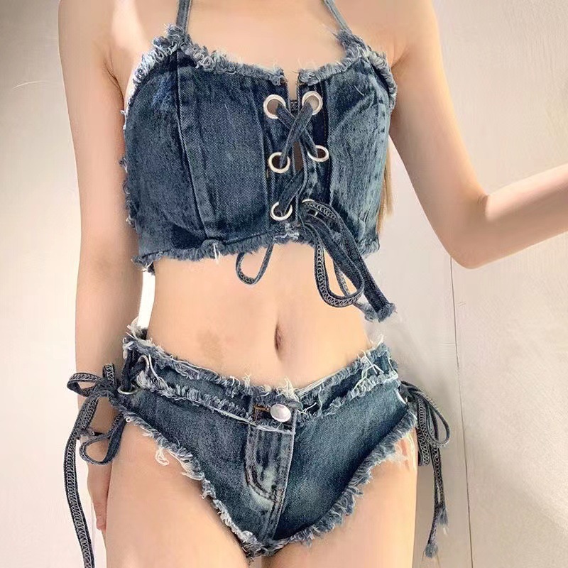 Picture of Vintage Hong Kong Style Denim Bikini Pure Desire Spice Girl Split Swimsuit Women's Sexy Strap Beach Holiday Swimsuit Photo
