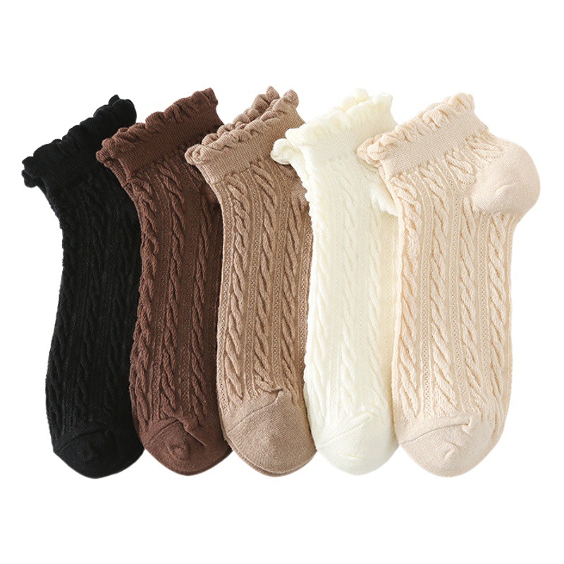 brown Socks Women's Short Socks Lace Bubble Mouth Boat Socks Short Mid-barrel Summer Thin Deduction Twist Dark Pattern Shallow Mouth