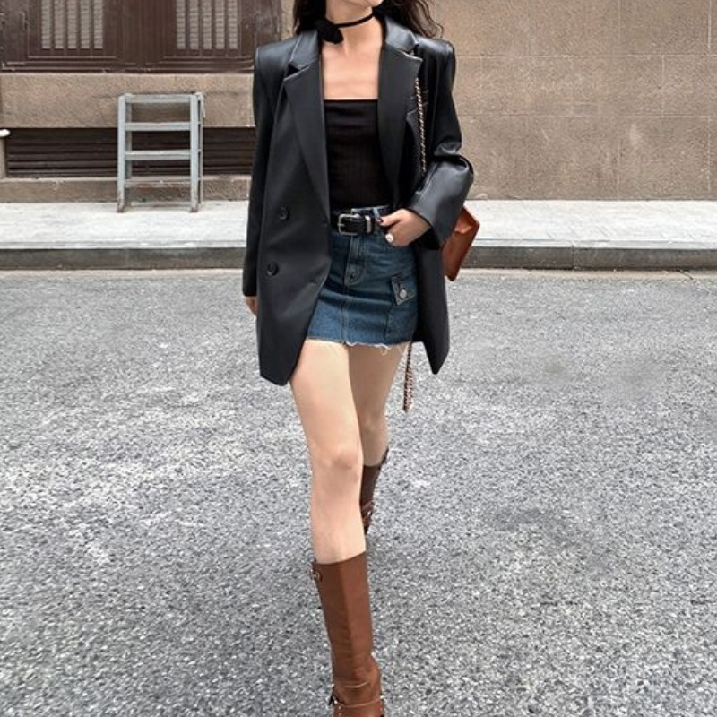 Picture of Suit Leather Jacket Women's Design Sense Niche PU Leather High-end Sense Fried Street Loose Casual Black Elegant Suit Fashion