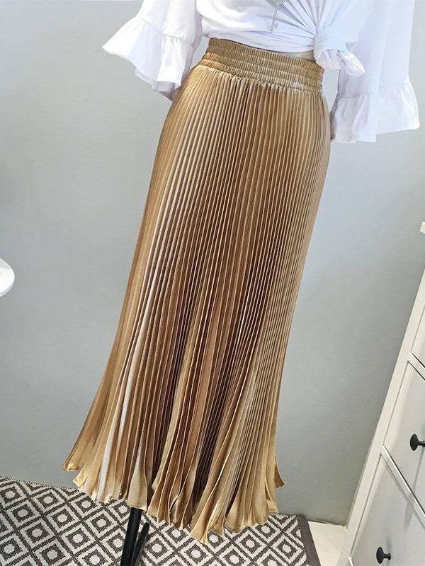 European station high waist retro A- line organ pleated skirt cross-border skirt autumn metallic large swing dress for women