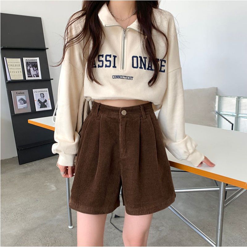 Corduroy shorts Women's Small casual Hong Kong style autumn 2022 new Korean style loose A- line wide-leg pants boot pants