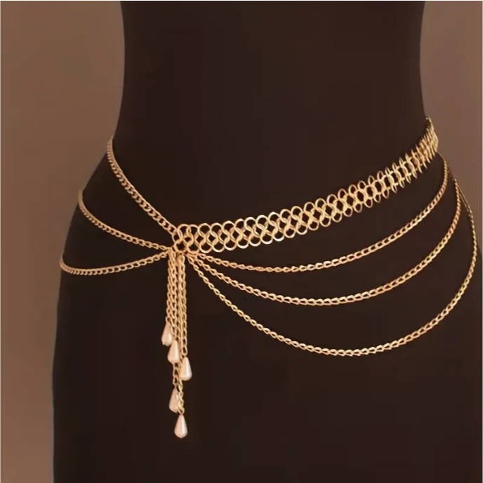 Temu Hot-Selling Multi-Layer Alloy Waist Chain for Women European and American Summer Fashion Pearl Pendant Body Chain Waist Belt with Skirt