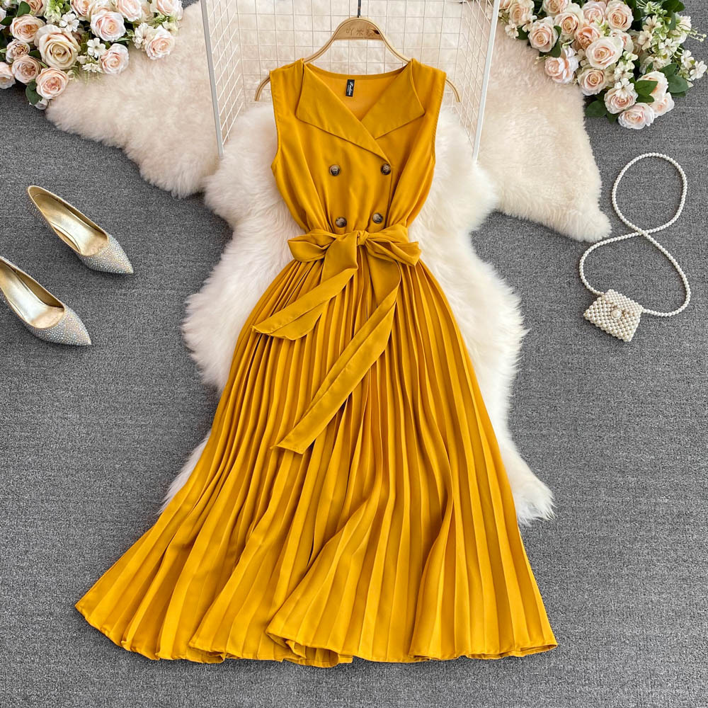 2022 Summer New Korean Style Light Mature Suit Collar Bow Lace-up Waist Large Swing A- line Pleated Dress