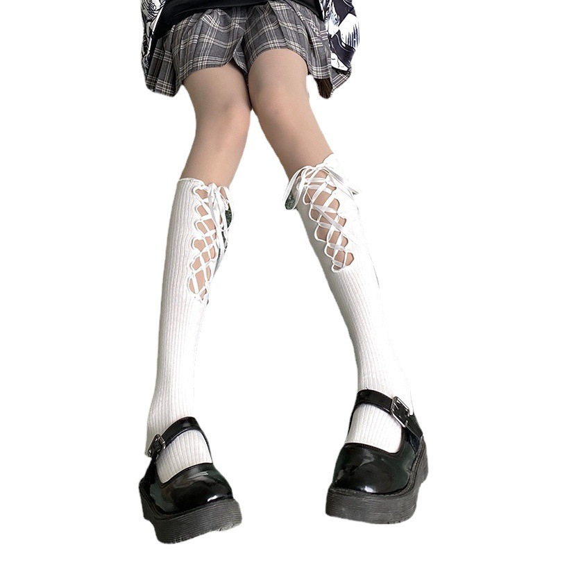 Black socks women's tube socks jk stockings leg socks strap hollow girl long tube white summer thin ins
