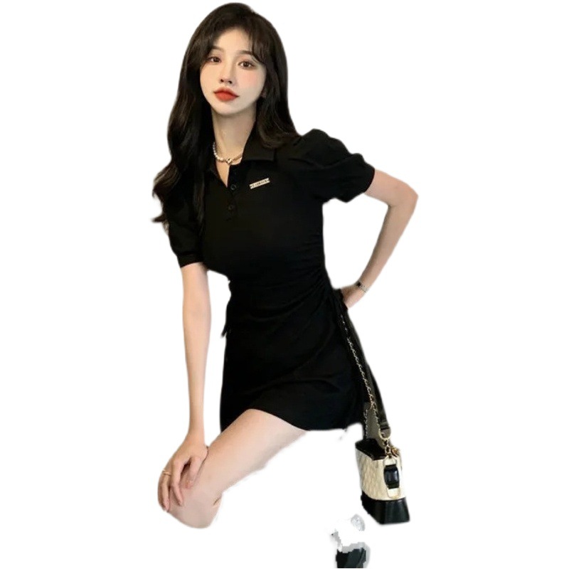 Polo Collar Dress Women's Summer 2022 New Drawstring Waist Slimming Look Sweet and Spicy Pure Color Style Short-Sleeved Skirt