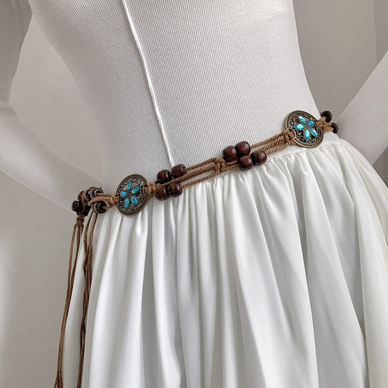 Picture of Ethnic style women's belt acrylic turquoise woven women's belt handmade wax rope wooden beads gem woven waist chain