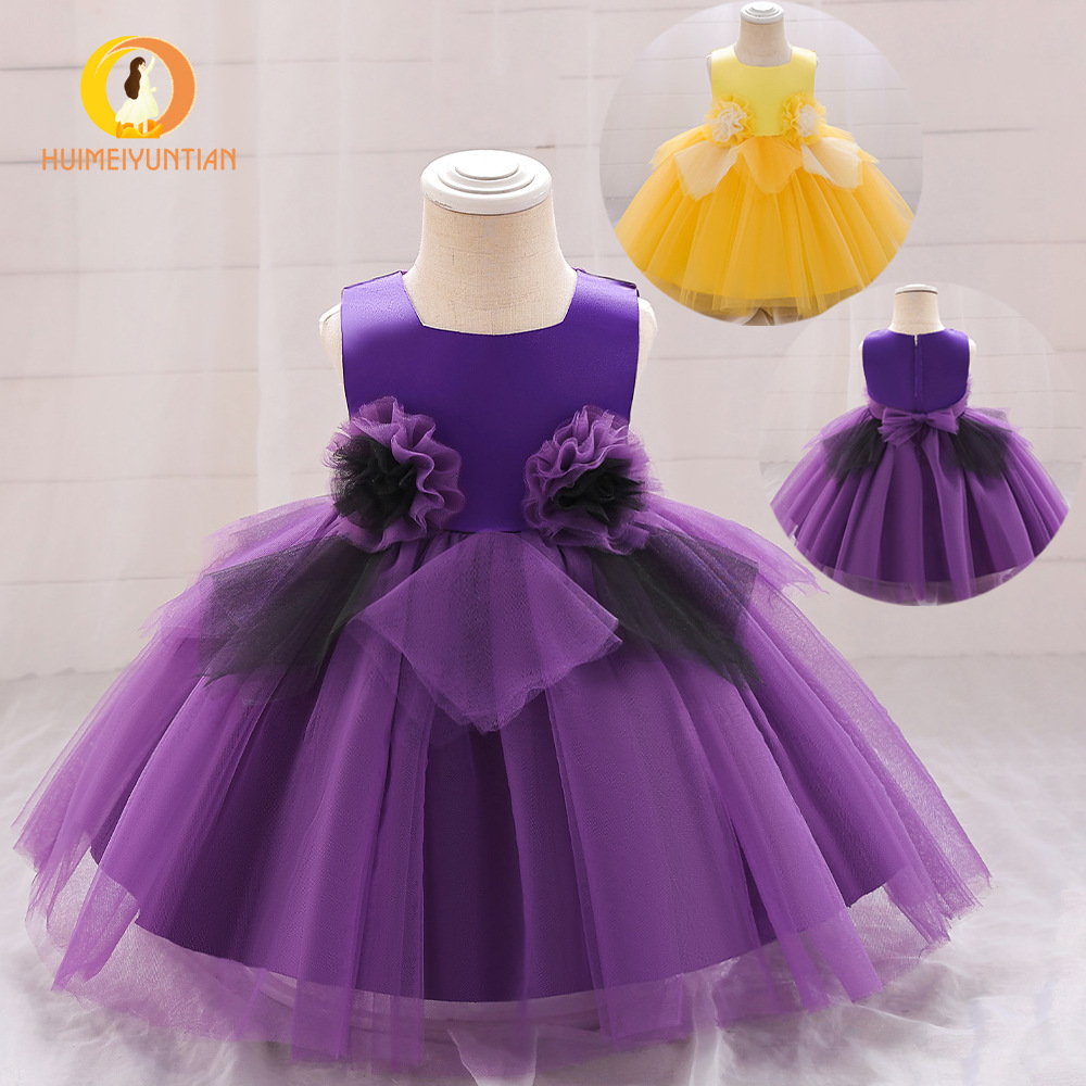 Picture of European and American Foreign trade new baby dress contrast color three-dimensional flower wedding dress pettiskirt girl mesh dress