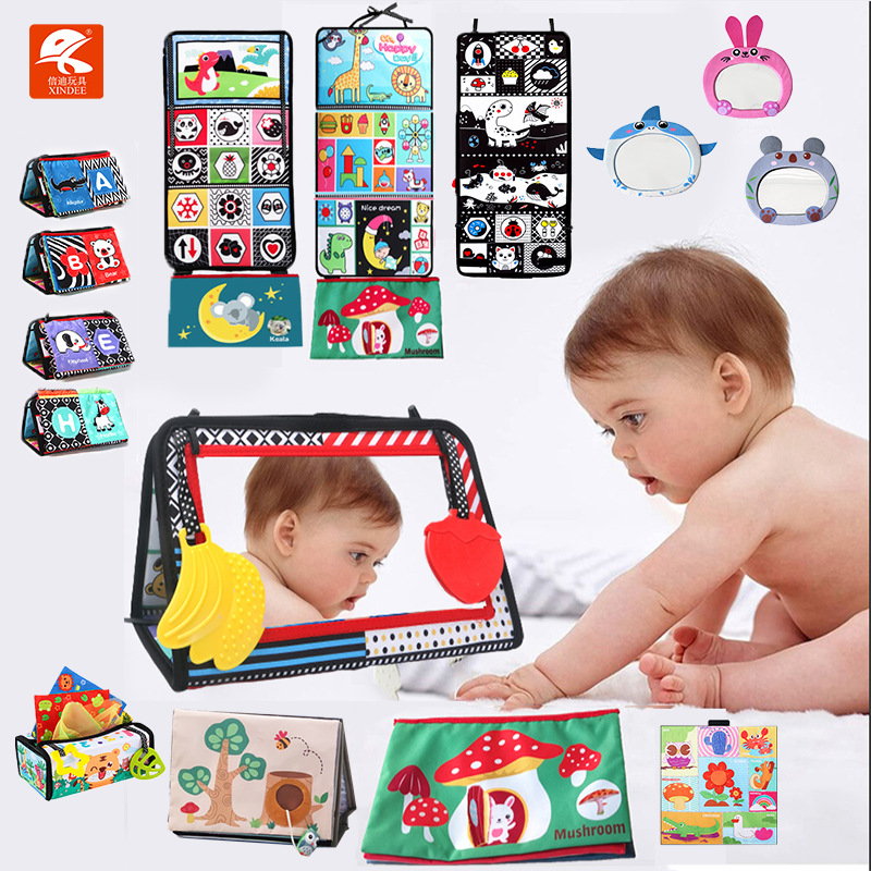 Cross-Border 0-3 Years Old Foldableable Double-Sided Cloth Book Mirror Color Training Amazon Sound Chewable Pendant