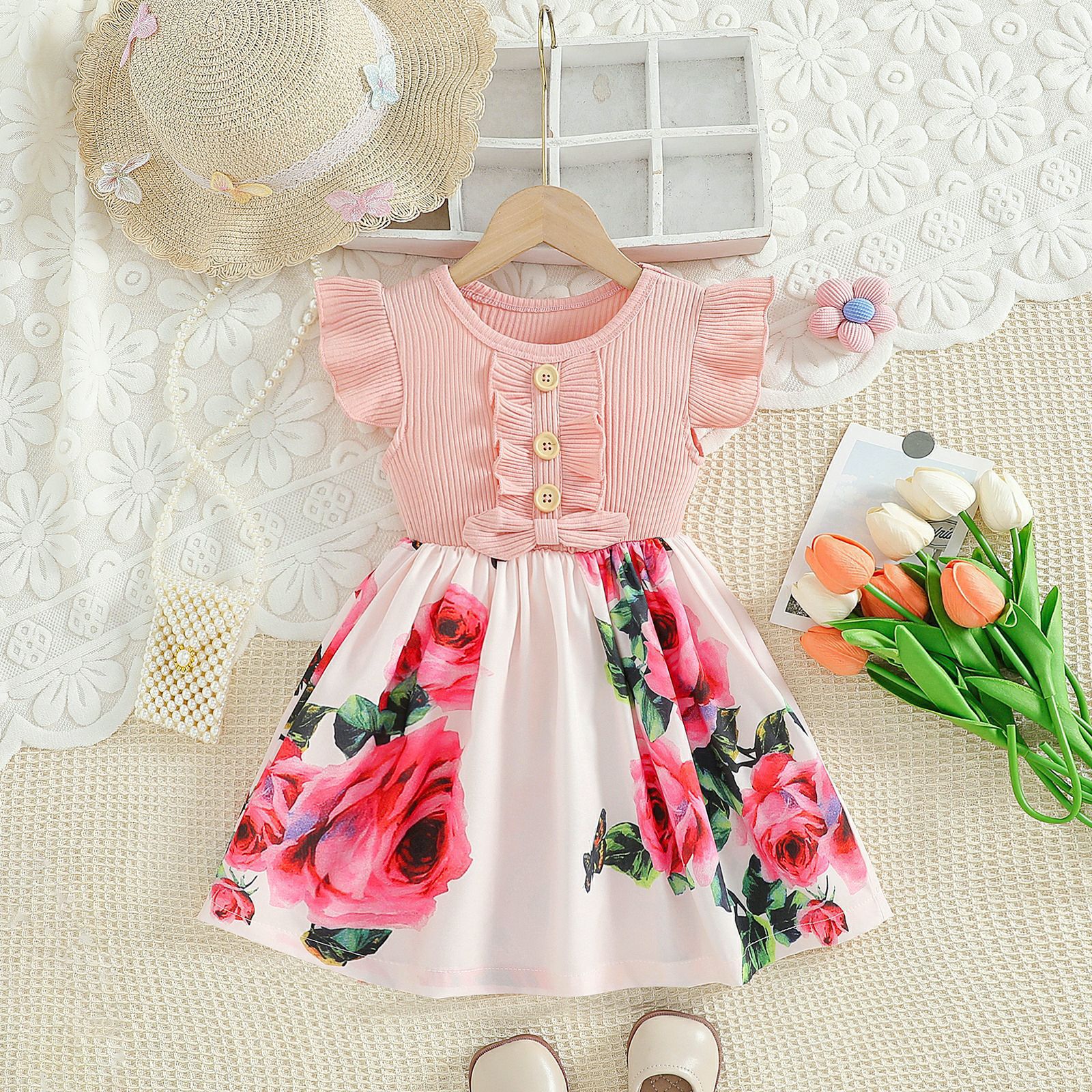 2024 new girls summer stitching dress printing fashion European and American bow sleeveless skirt foreign trade wholesale