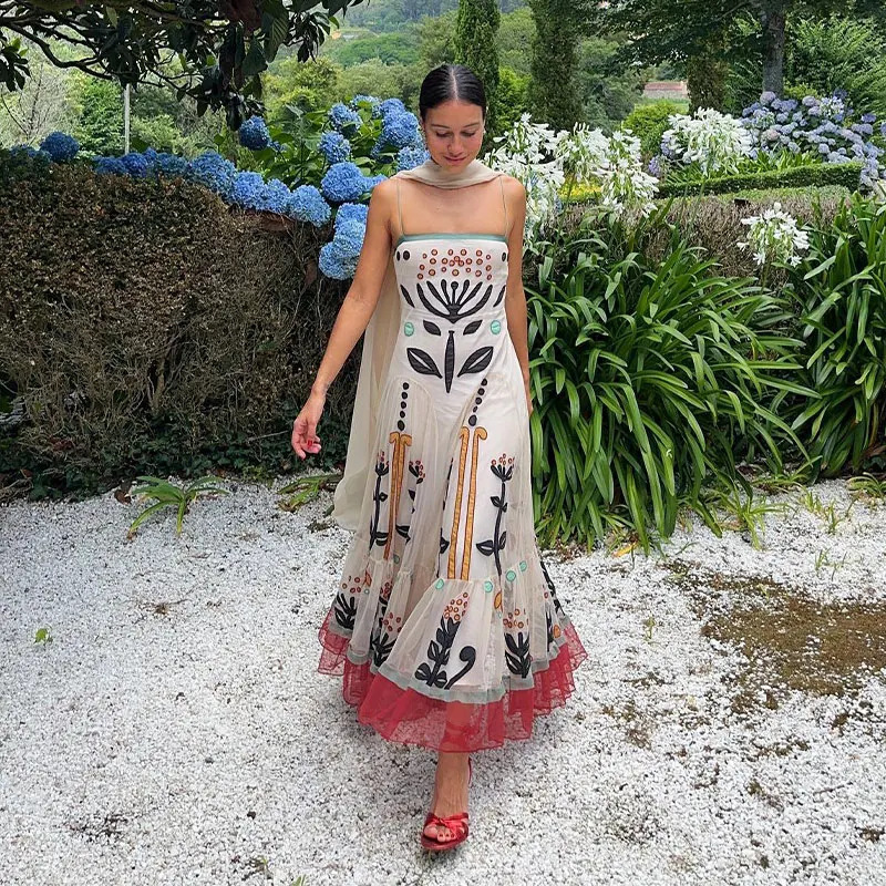 2024 spring European and American style cross-border new fashion national style sling flower embroidery picture tulle pleated dress