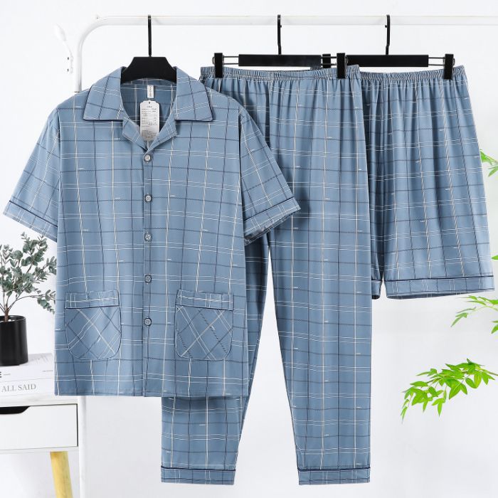 Summer New Pajamas Men's Imitation Cotton Lapel Cardigan Short-Sleeved Shorts and Trousers Three-Piece Set Casual Wearable Home Clothes
