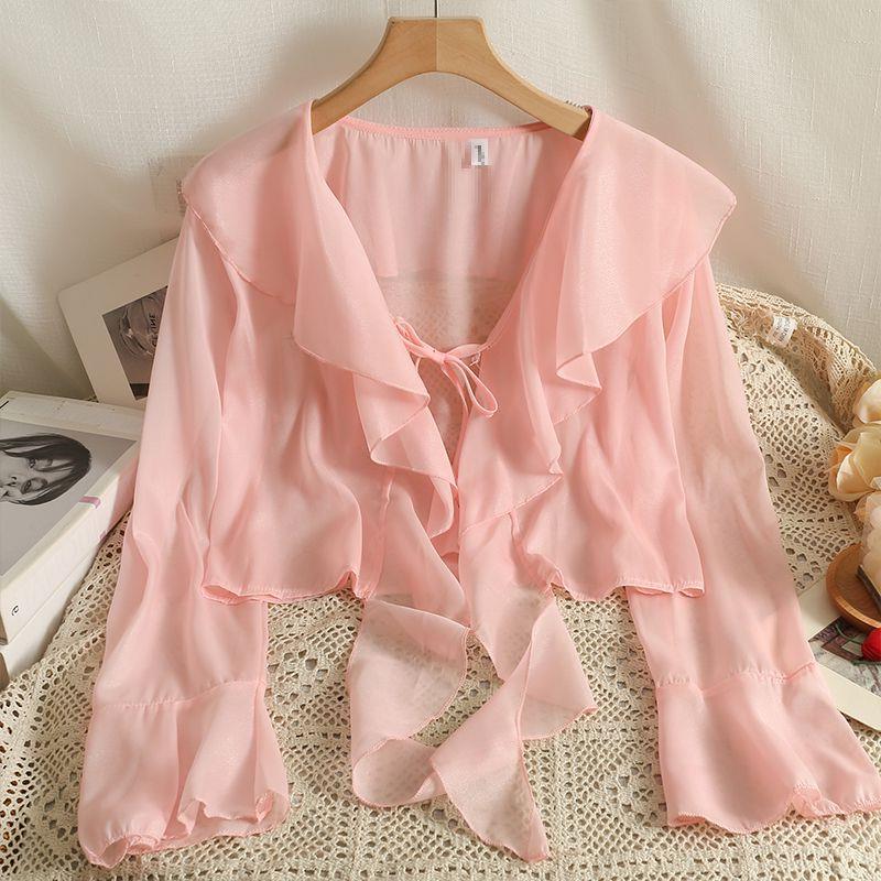 Picture of Sweet Ruffled Lace-up Short Chiffon Shirt for Women in Summer with Suspender Skirt and Shawl Small Outwear Sun Protection Blouse