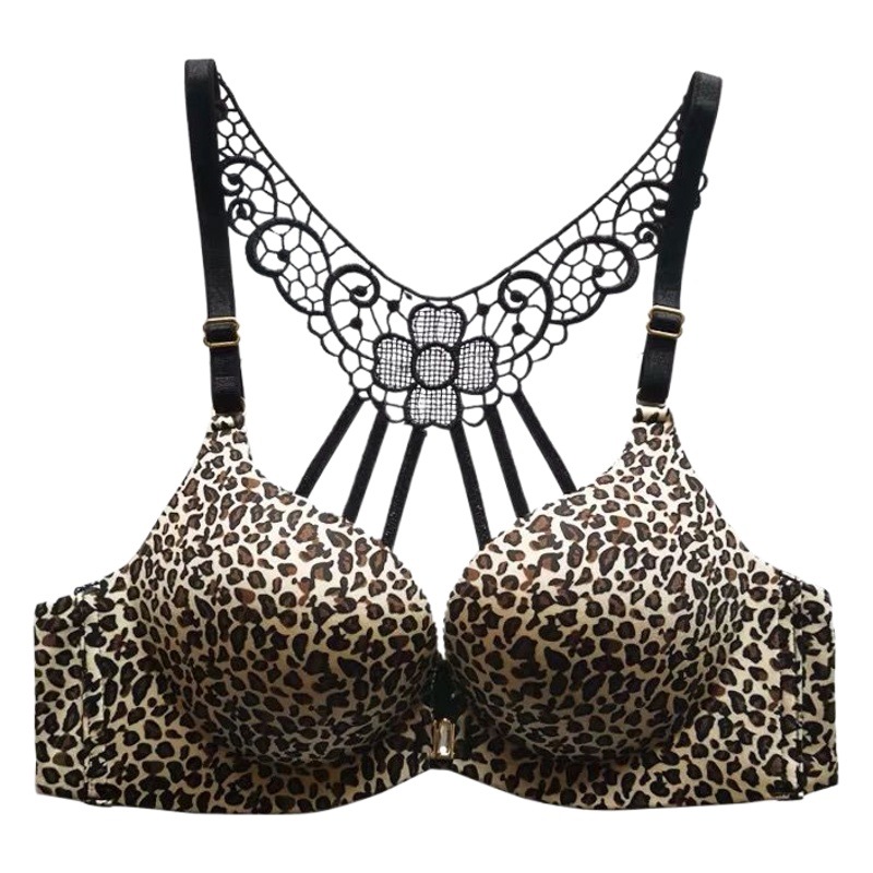 Front Buckle Underwear Women's Small Chest Push-up Collapsing Paramilis Drooping Lace Sexy Leopard Print No Steel Ring Beauty Back Thick Cup Bra
