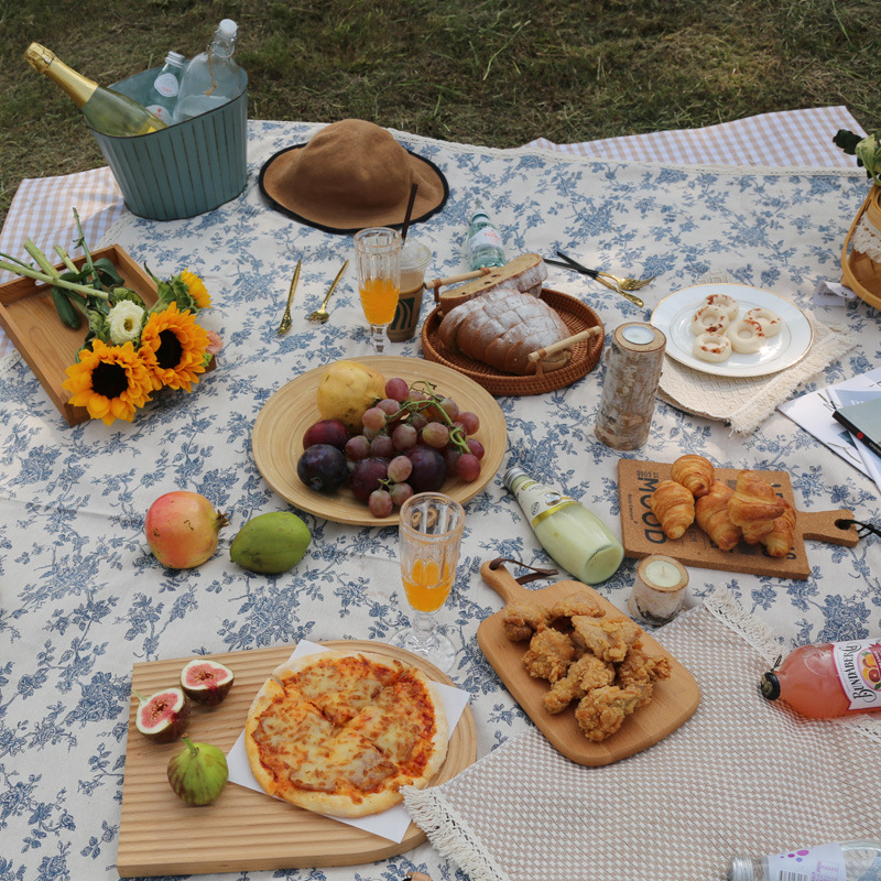 Picture of Vintage Korean ins Style Blue Floral Picnic Cloth Background Cloth Spring Camping Outdoor Outing Moisture-Proof Picnic Mat