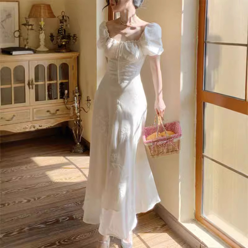 2024 Summer Thin Dyed Cloud Smoke French Vintage Gentle Long Dress Tencel Embroidered Shoulder Two-Wear dress for Children