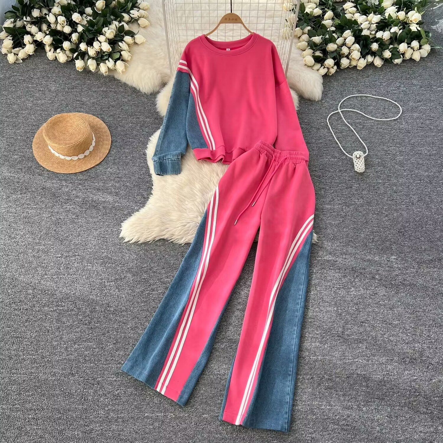 Korean Style Casual Sports suit Women's Autumn Design Sense Loose All-match Round Neck Sweat High Waist Denim Stitching Pants