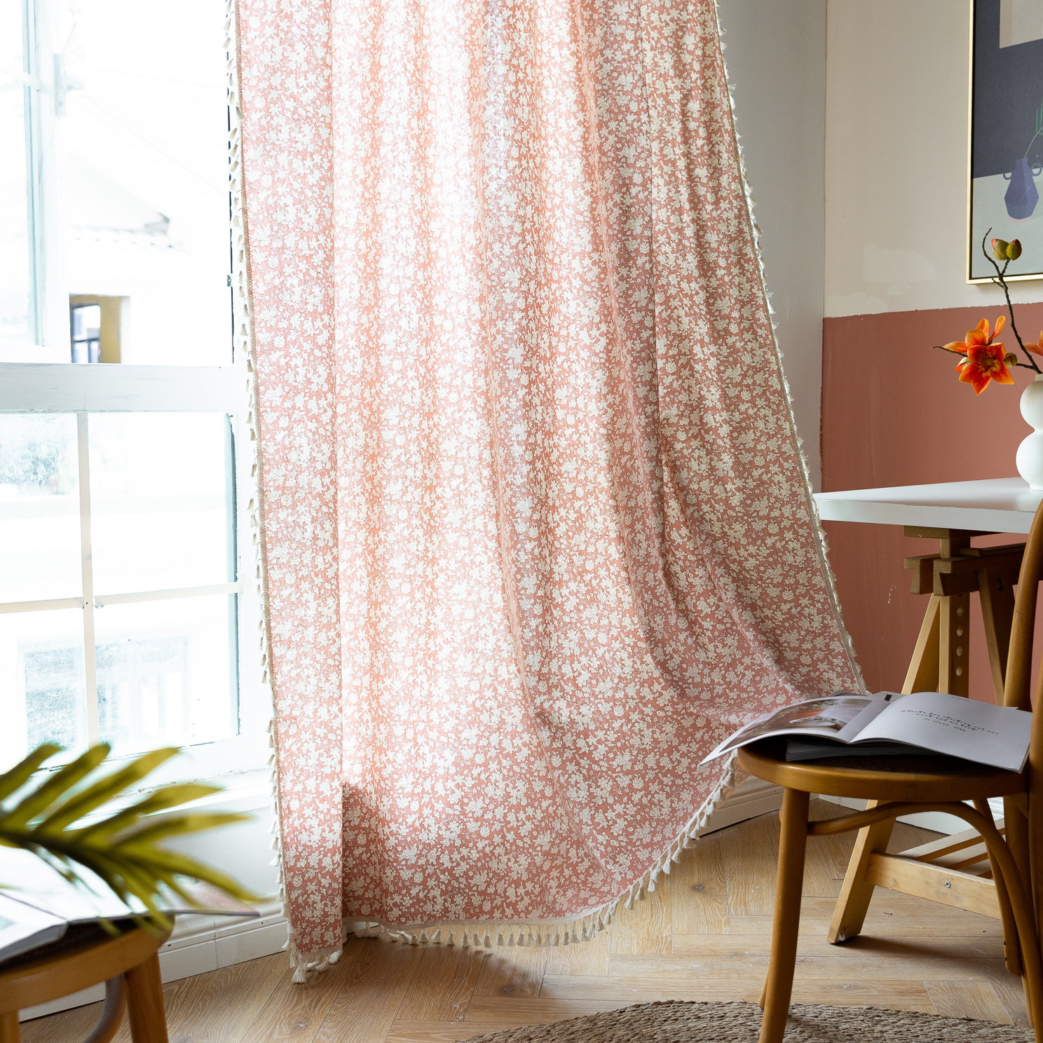 Cross-Border finished curtain cotton and linen fabric printing floral fresh small window semi-shading balcony bay window curtain manufacturer