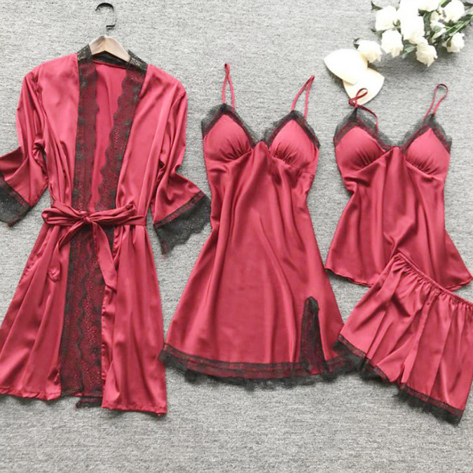 Cross-border Ladies Sexy Home Wear Pajamas Summer Sexy Pajamas Four-piece Set Korean Style Sling Women's Belt Chest Pad Manufacturers