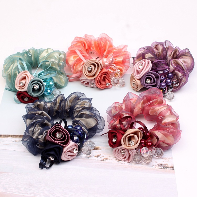 Korean Style Head Flower Hair Ring Hand-made Rose Colon Head Ring Hanging Crystal Printed Silk Yarn Hair Rope Hair Accessories