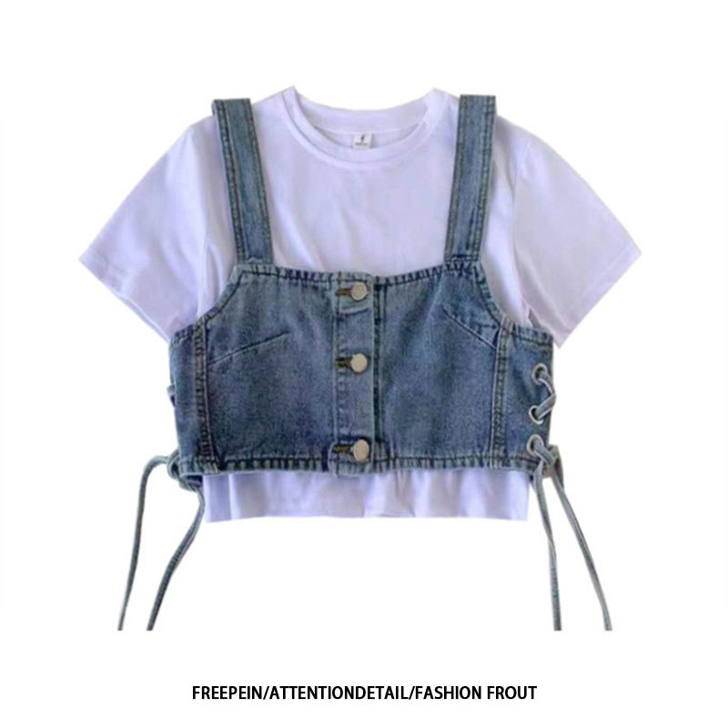 Strap Denim Top Design Sense Niche Stacked Short Outer Wearing Western Style Sweet Spicy All-match Sleeveless Camisole for Women