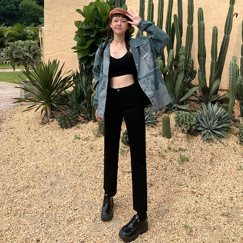 Black Jeans Women's 2023 Autumn New High Waist Cropped Straight Loose All-match Slim-looking Smoke Tube chic Pants