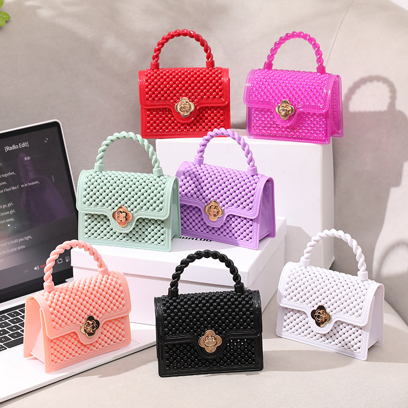 Seven Color Barbie Mini Handheld Chain Small Square Bag Jelly Bead Hollow Shoulder Bag Chain Women's Bag Mobile Phone Bag Trendy
