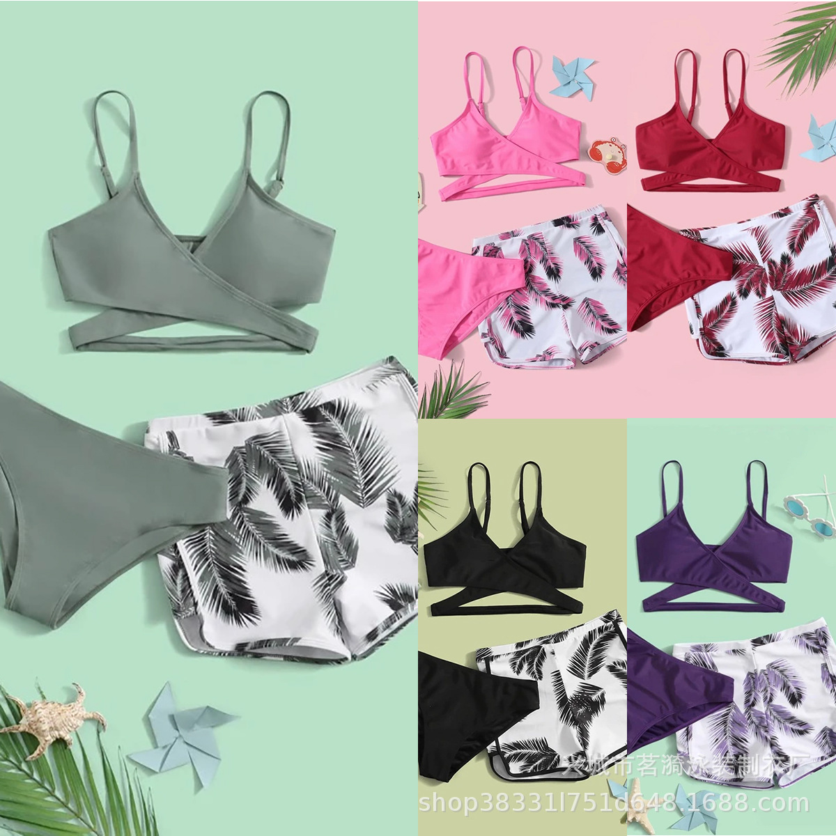 Ming Yi New European and American Fashion Sexy bikini bikini Multi-color Feather Pattern Double Pants Three-piece Women's Swimsuit