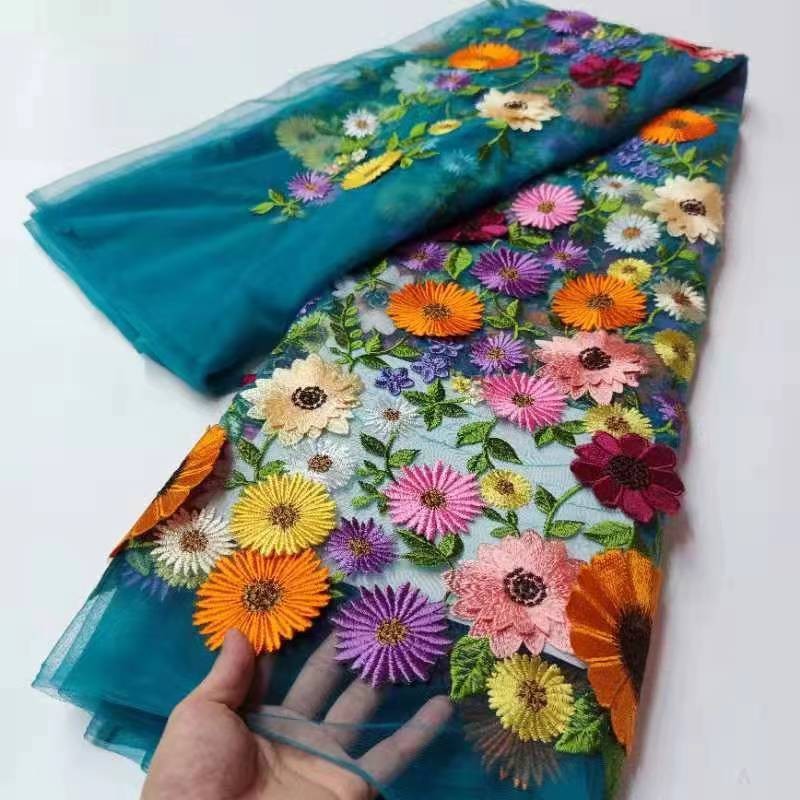 Picture of National cheongsam 3D three-dimensional floating flower mesh embroidery lace fabric unilateral sunflower dress dress fabric