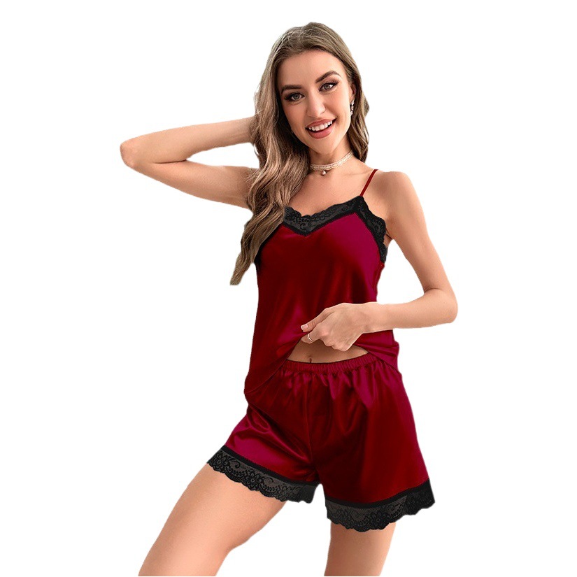 Yaoting Amazon new ladies home clothes satin lace strap vest pajamas women Summer Shorts set 3159