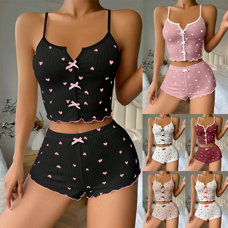 Cross-border Hot-selling Thin Women's Home Clothes Love Sling Shorts Cross-back Pit Strip False Open-smoking European and American Pajamas