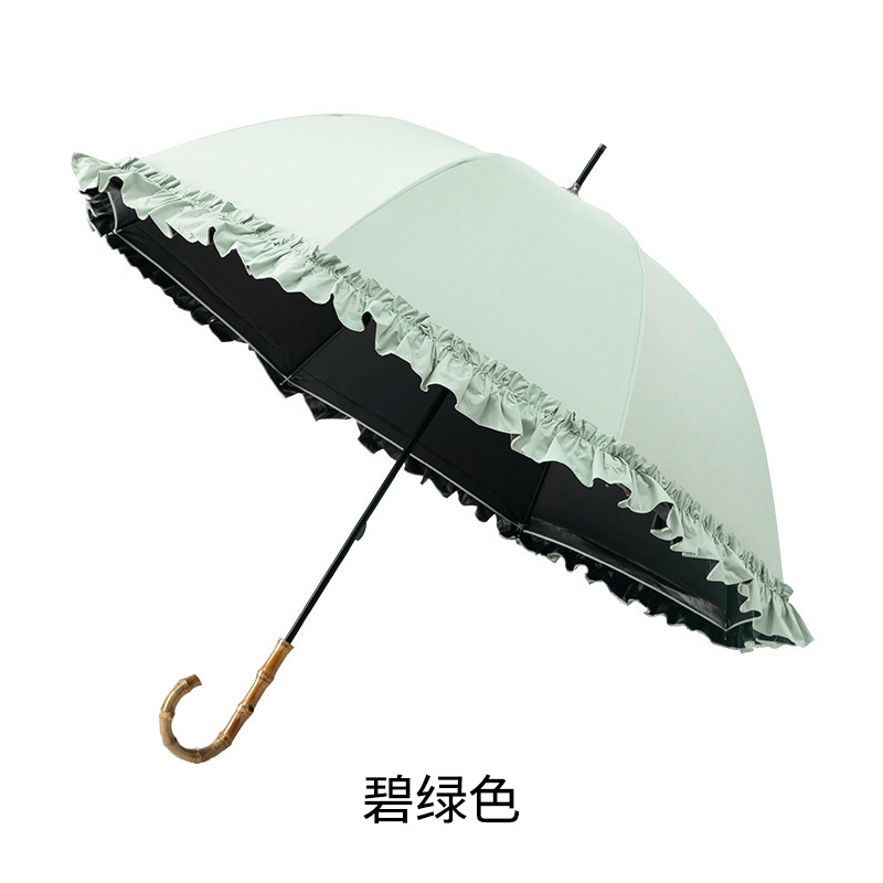 Picture of Large Lace Vinyl Sun Protection Umbrella Anti-Uv Parasol Bamboo Curved Handle Straight Umbrella Manual Sunny Umbrella Wholesale