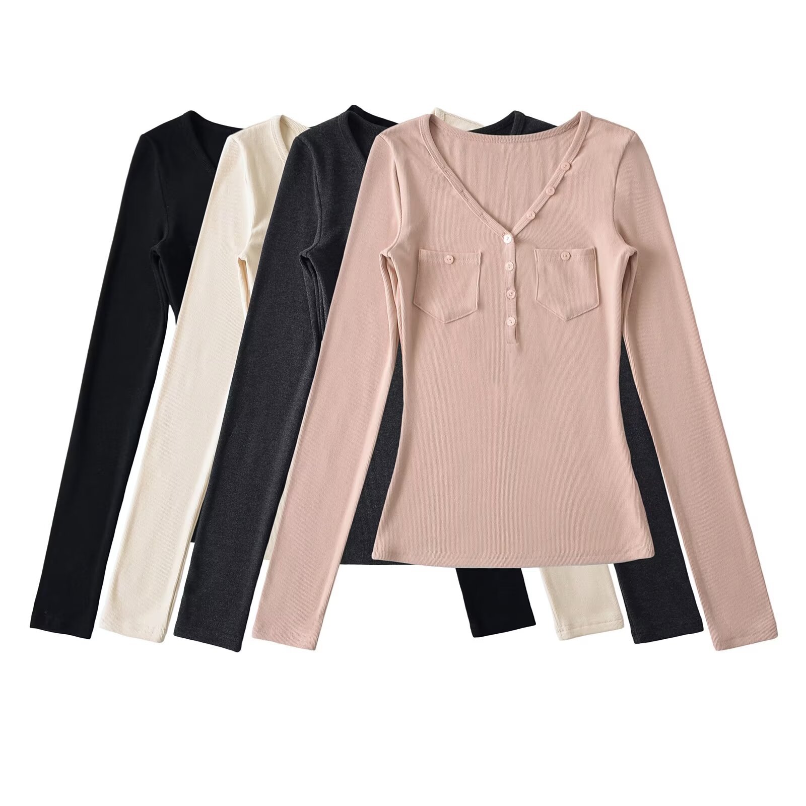 Sanding V-neck pocket long sleeve bottoming shirt women's 2025 new pure slim waist design T-shirt top