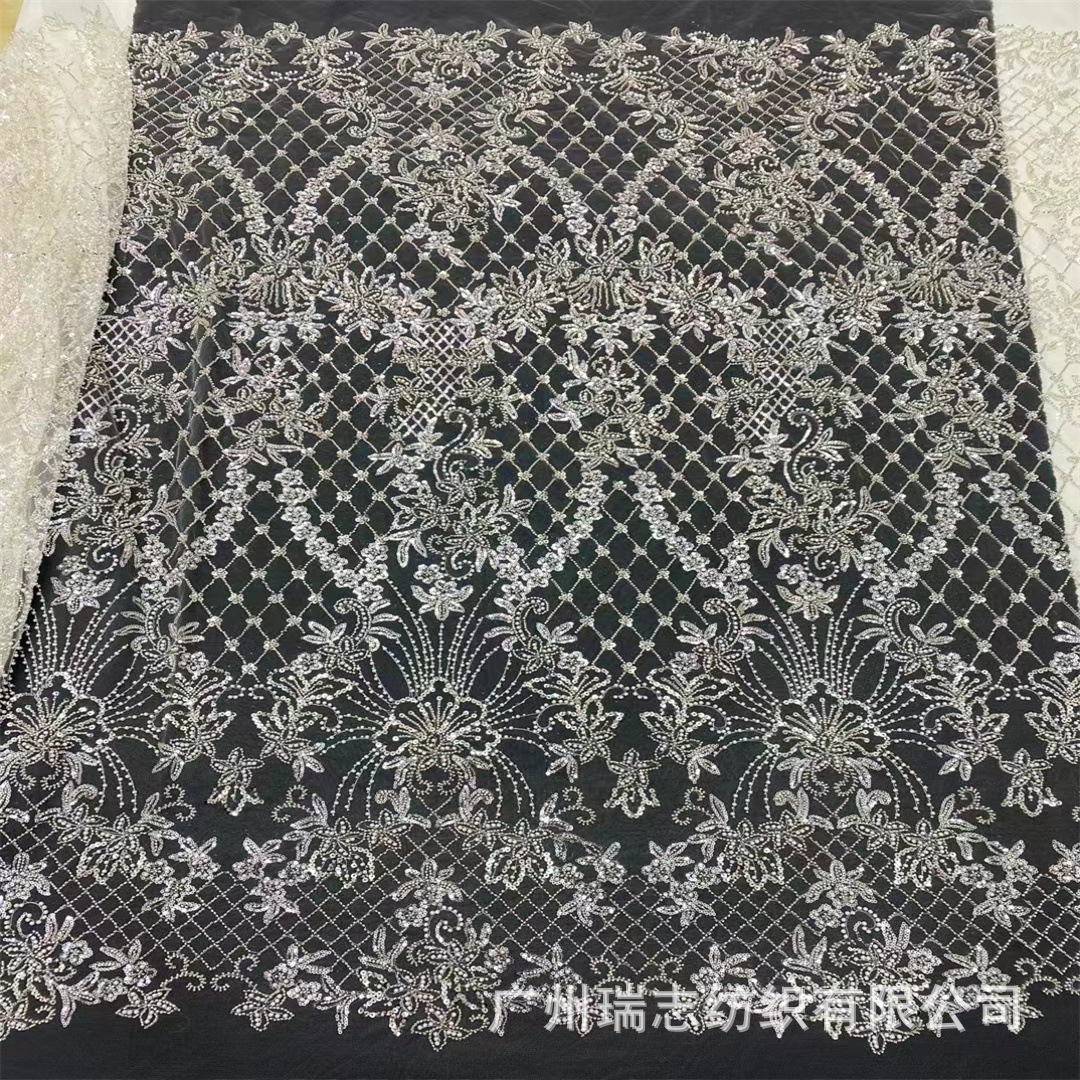 European-style high-grade wedding dress mesh embroidery lace fabric DIY sequins bead tube embroidery cloth beaded lace