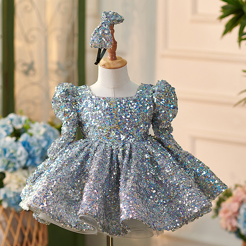 Picture of Girls' silver sequined one-year-old dress 2025 new AliExpress super fairy long sleeve puffy princess dress manufacturers supply