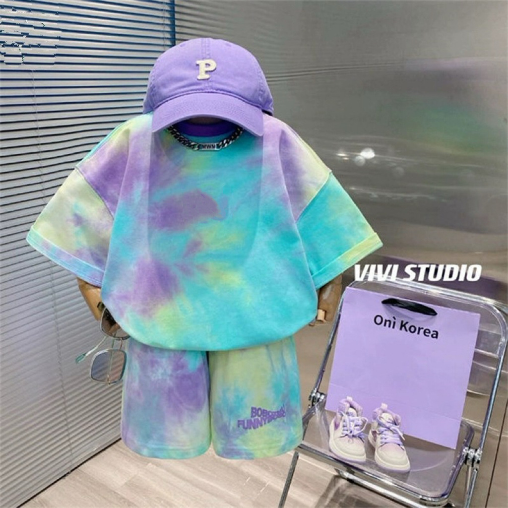 Children's Wear suit Colorful Design Short-sleeved T-shirt 2024 Summer New Fried Street Handsome Middle and Big Children's Net Popular Tide