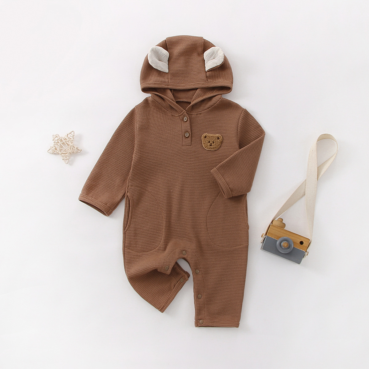Picture of Baby Autumn Jumpsuit Baby Cartoon Bear Waffle Hooded Outdoor Crawling Suit Newborn Long-Sleeved Clothes