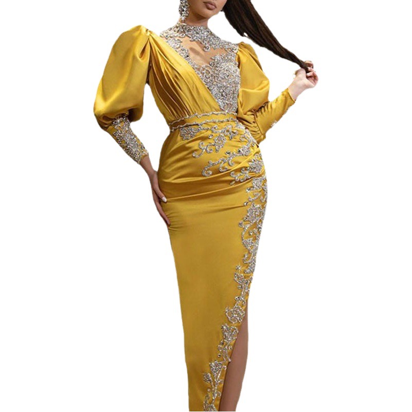 2025 Cross-Border Spring New European and American Gold-Sprinkled Women's Wedding Dress Satin Large Hem Sexy Long Skirt Tail Banquet Evening Dress