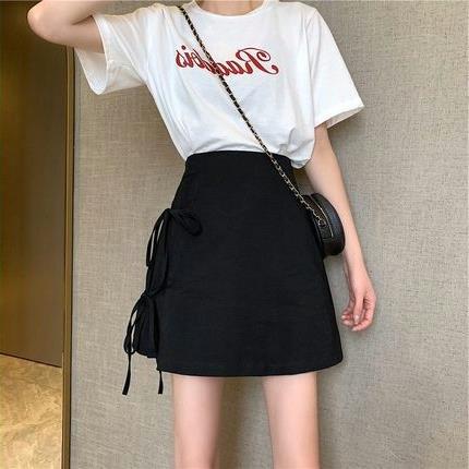 Autumn and summer black new Korean style high waist slimming side bow lace-up versatile student A- line skirt for women