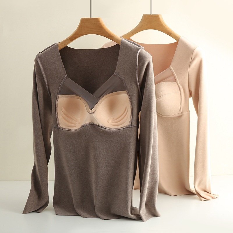 Picture of Winter Warm Long-Sleeved V Neck All-In-One Fixed Coaster German Velvet Intimates for Women, Fleece-Lined Tops That Can Be Worn Outside
